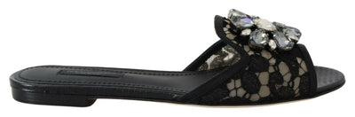 Black Taormina Lace Slides Crystals Flats Shoes
