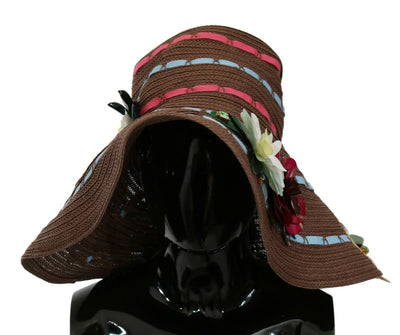 Brown Knitted Straw Floral Hat