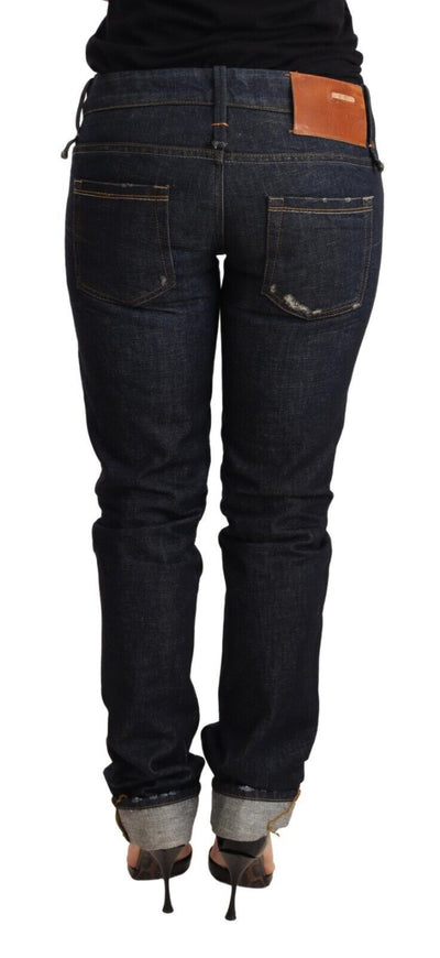 Dark Blue Cotton Slim Fit Folded Hem Women Denim Trouser Jeans