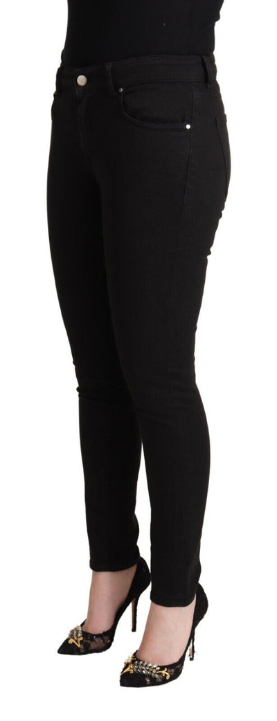 Black Cotton Mid Waist Denim Slim Fit Jeans