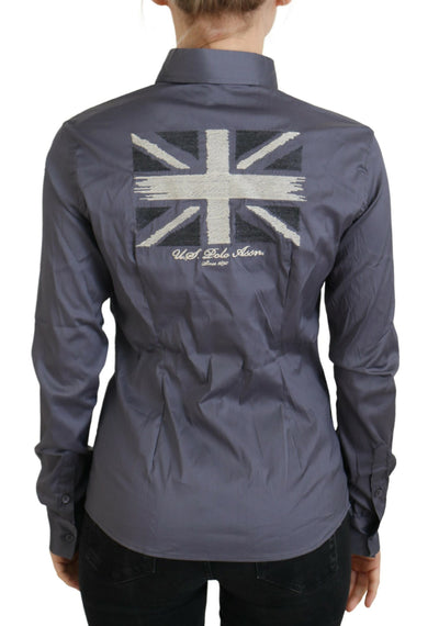 Gray Printed Long Sleeves Collared Top