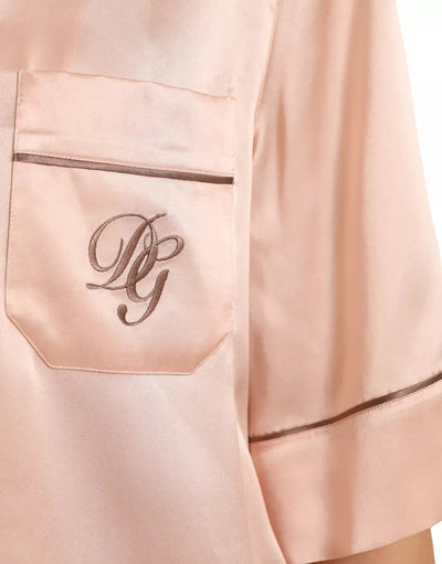 Pink Silk Long Sleeves Logo Pajama Blouse Top