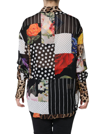 Multicolor Patchwork Silk Collared Blouse Top