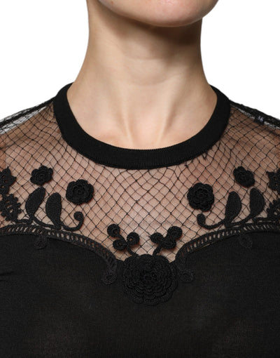 Black Floral Lace Short Sleeves Blouse Top