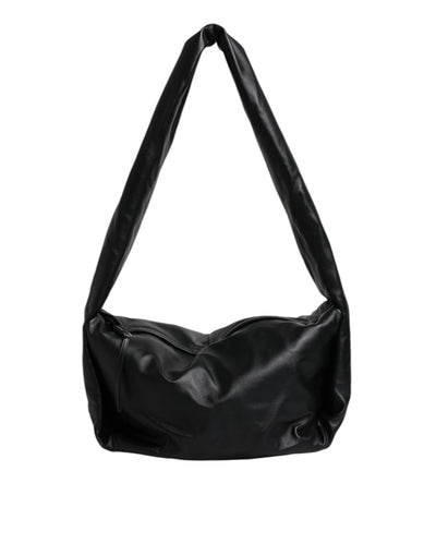 Black Leather Logo Plaque Shoulder Bag
