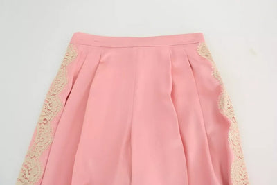 Pink Lace Trimmed Silk Satin Wide Legs Pants