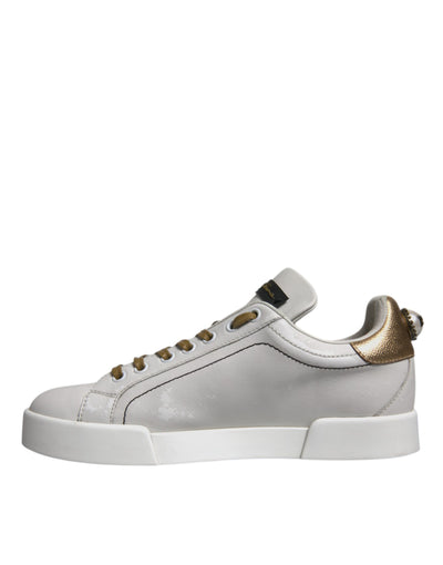 White Gold Leather Low Top Sneakers Shoes