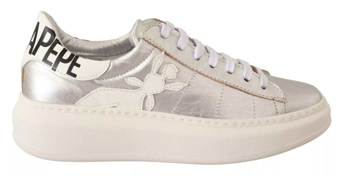 Silver Full Grain Leather Lace Up Sneakers Shoes