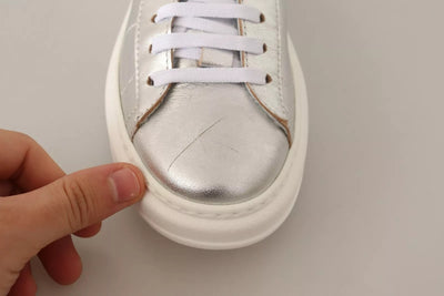 Silver Full Grain Leather Lace Up Sneakers Shoes
