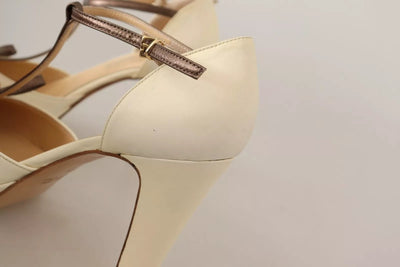 Off White Leather T-Strap Heels Sandals Shoes