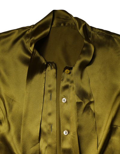 Olive Green Ascot Collar Long Sleeve Blouse Top