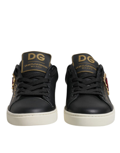 Black Leather Gold Red Heart Sneakers Shoes