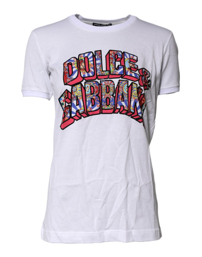 White Cotton Logo Print Round Neck T-shirt