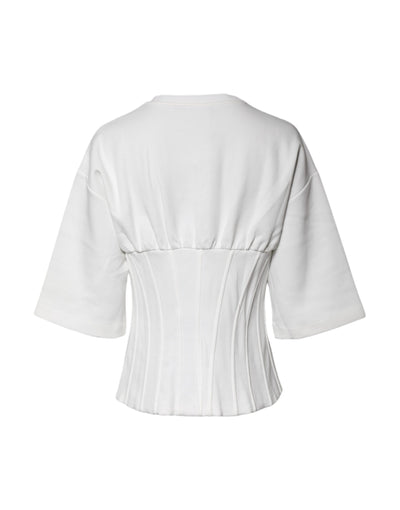 White Cotton Blend 3/4 Sleeves Blouse Top
