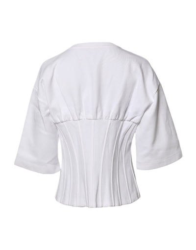 White Cotton Blend 3/4 Sleeves Blouse Top