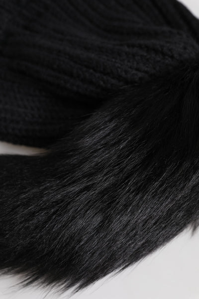 Black Acrylic Knitted Fur Winter Beanie Hat