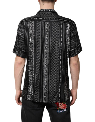 Black Silk Floral Print Short Sleeves Shirt