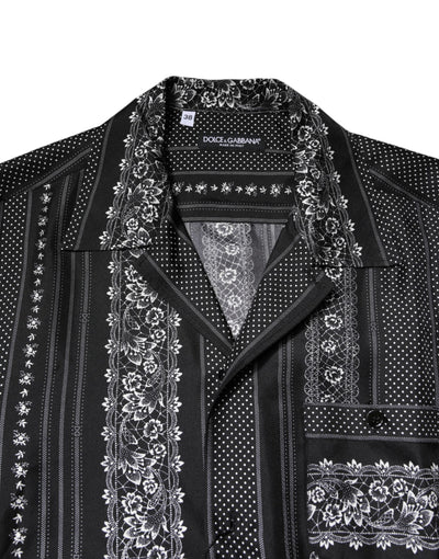 Black Silk Floral Print Short Sleeves Shirt