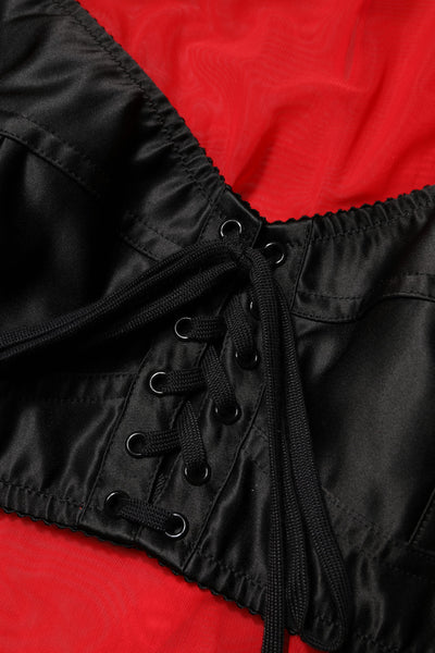 Red Black Bustier Detailing Long Sleeves Top