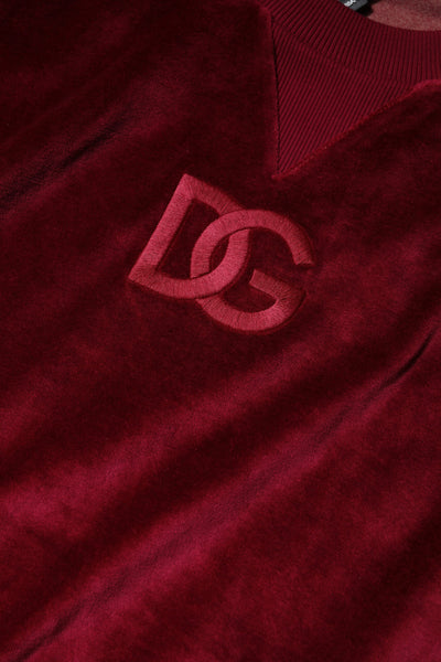 Red Cotton Velvet Crew Neck Pullover Sweater