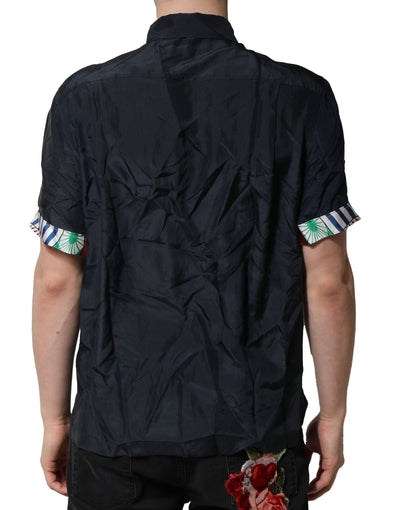 Black Silk Short Sleeves Men Casual Shirt