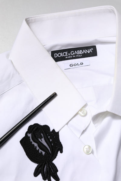 White Floral Embroidery Men GOLD Formal Shirt