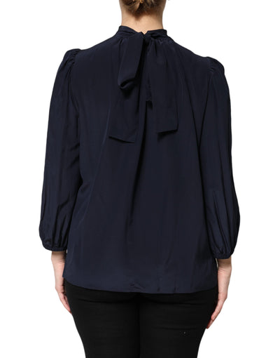 Blue Silk Mock Neck Long Sleeves Blouse Top