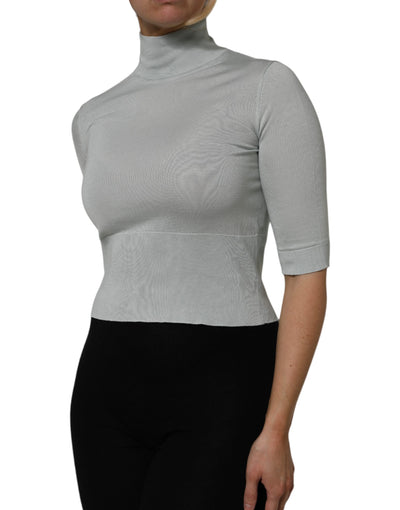 Light Green Silk Turtleneck 3/4 Sleeves Top