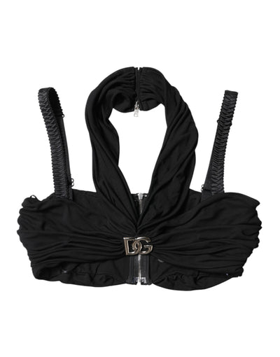 Black Cropped Viscose Halter Bustier Top