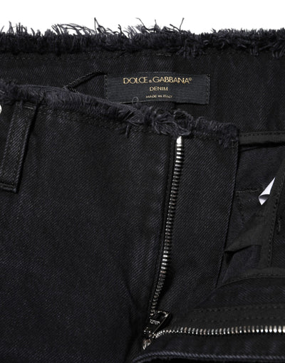 Black Cotton Tattered Mid Waist Denim Jeans