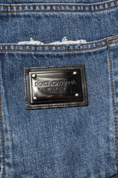 Blue Tattered Cotton Straight Denim Jeans