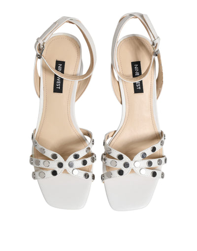 White Block Heeled Studded Wrap Strap Sandals Shoes