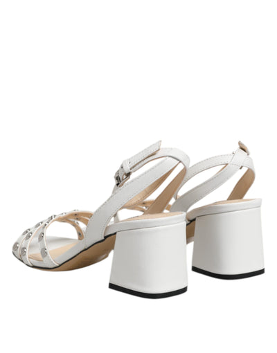 White Block Heeled Studded Wrap Strap Sandals Shoes