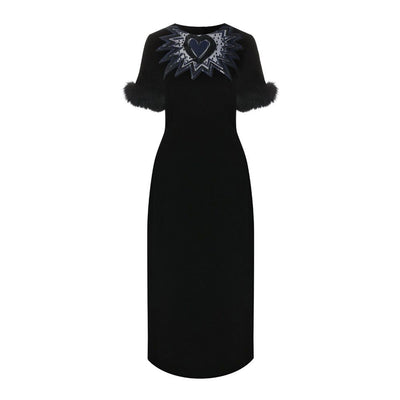 Fur Trim Velvet Midi Dress