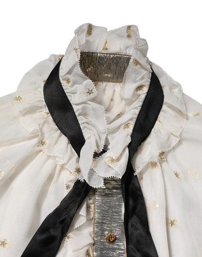 White Black Silk Long Sleeve Ascot Collar Top