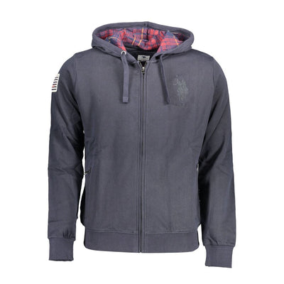 "Blue Cotton Men Sweater with Embroidered Zip and Pockets"