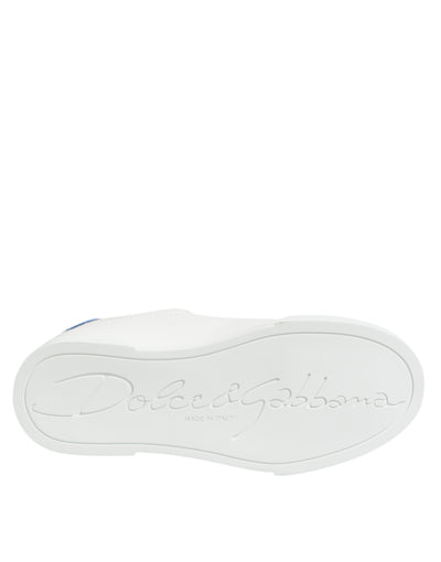 White Blue Leather Low Top Sneakers Shoes