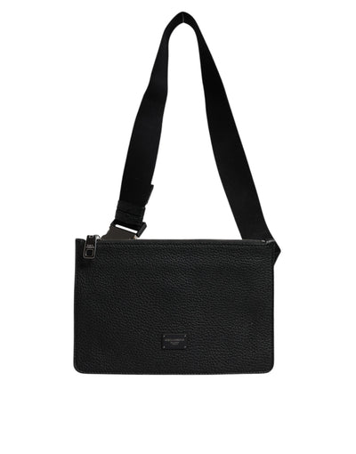 Black Leather Logo Embossed Waist Fanny Pack Borse Bag