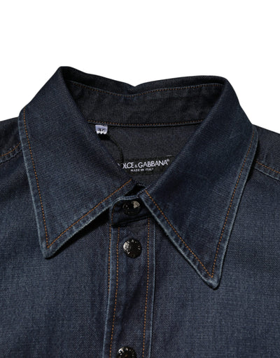 Blue Denim Button Casual Logo Patch Men Shirt
