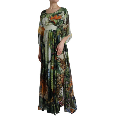 Multicolor Silk Jungle Print Women Maxi Dress