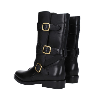 Black Leather Flat Boots
